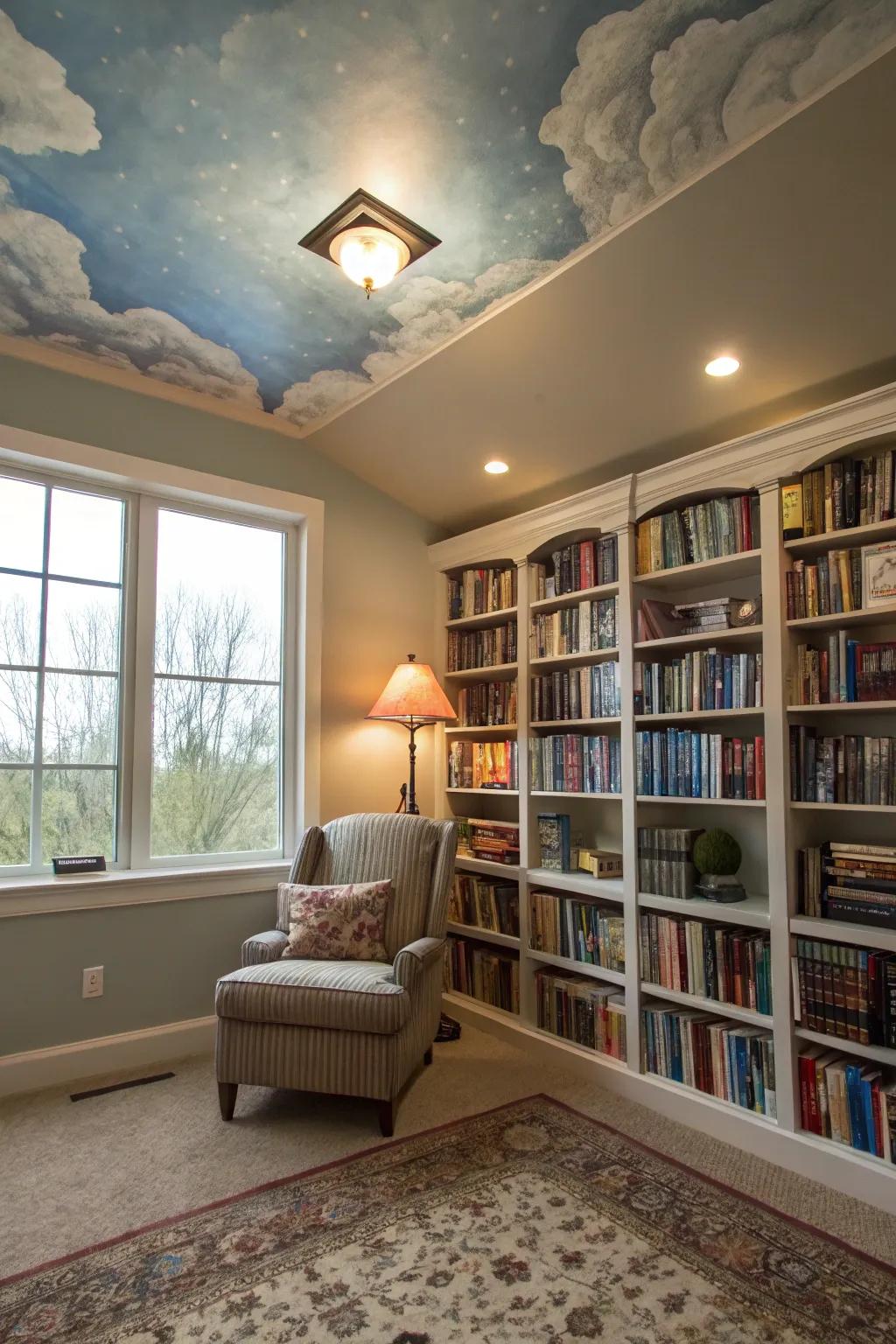 A painted overhead can add an unexpected and delightful measurement to your library.