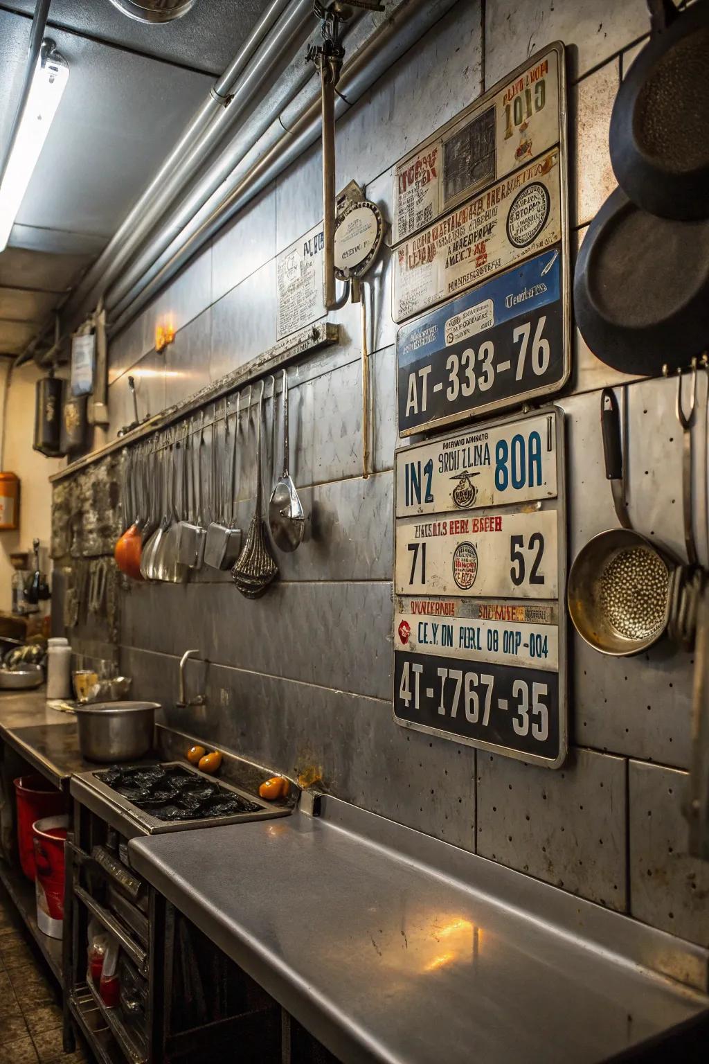 Achieve an industrial chic style with a wall of auto tags.