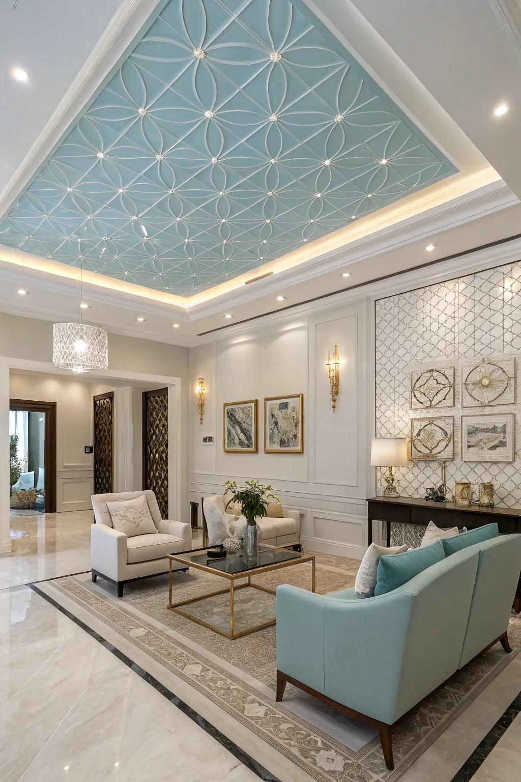 A luxurious living space with a light blue ceiling and modern design.