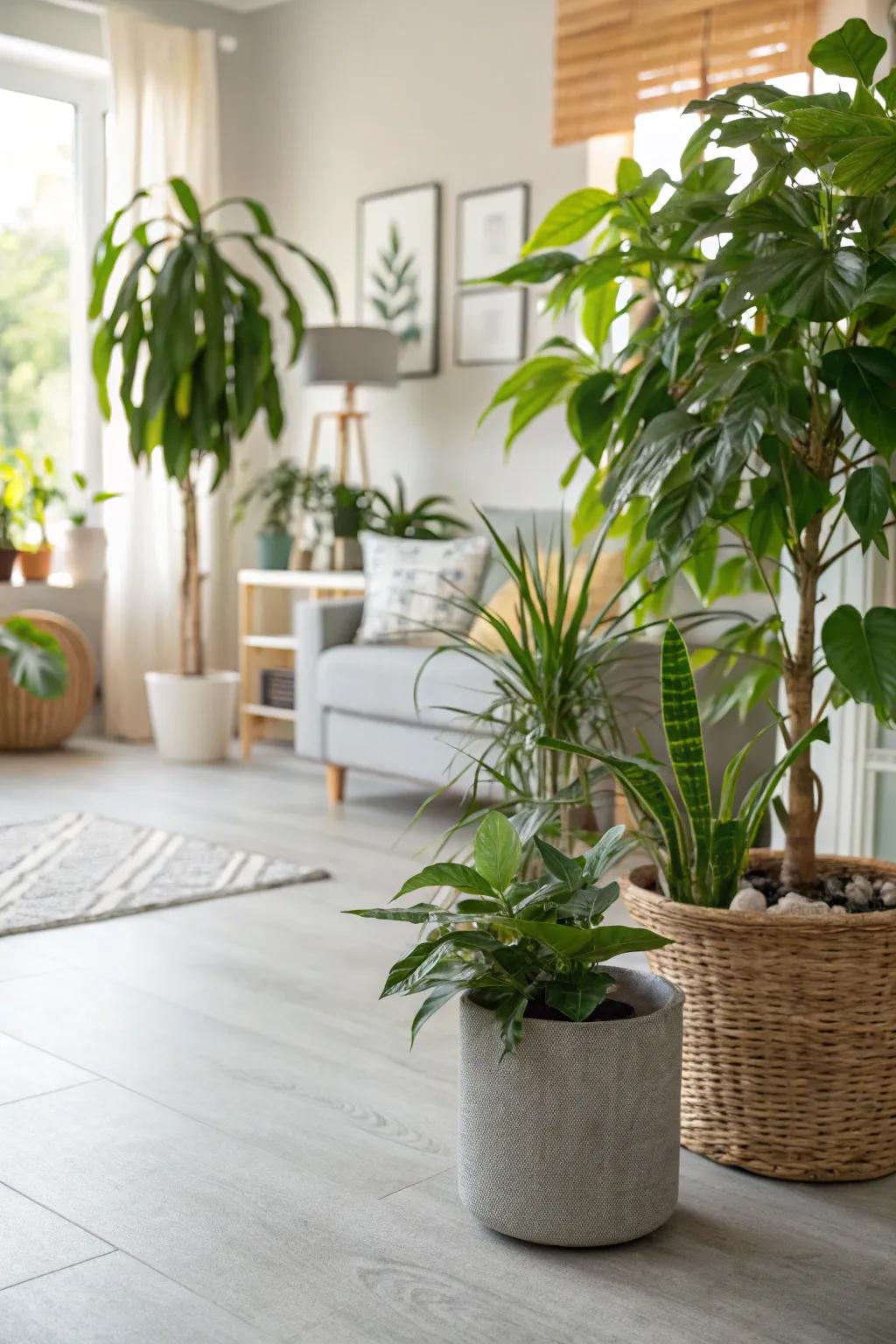 A refreshing living area featuring light grey flooring and vibrant plants.