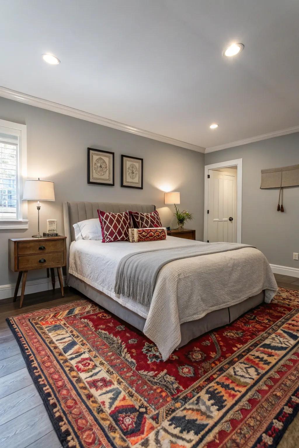 A striking rug adds contrast to a light grey bedroom.