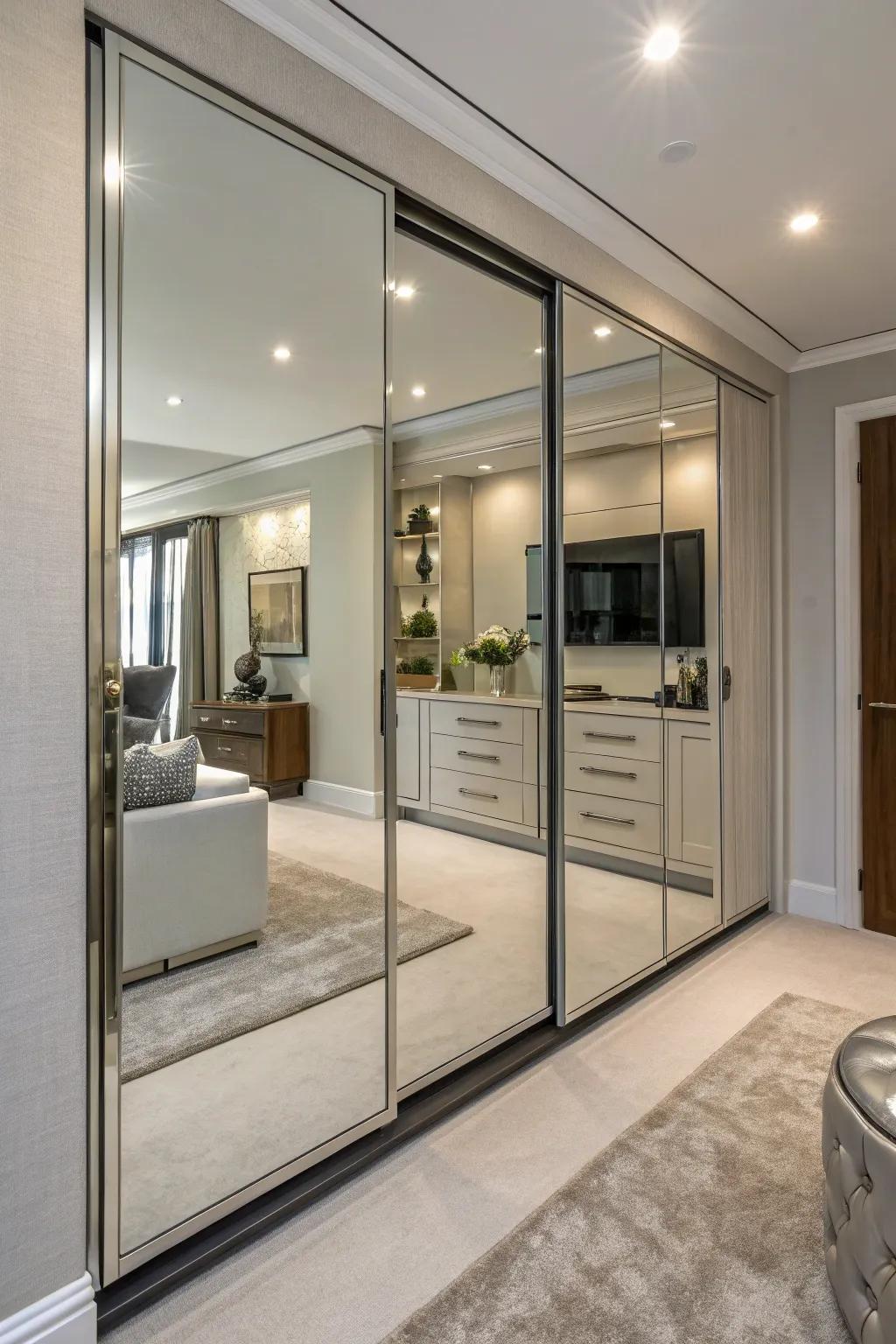 Reflective entries adding beauty and the illusion of spaciousness to a linen storage.