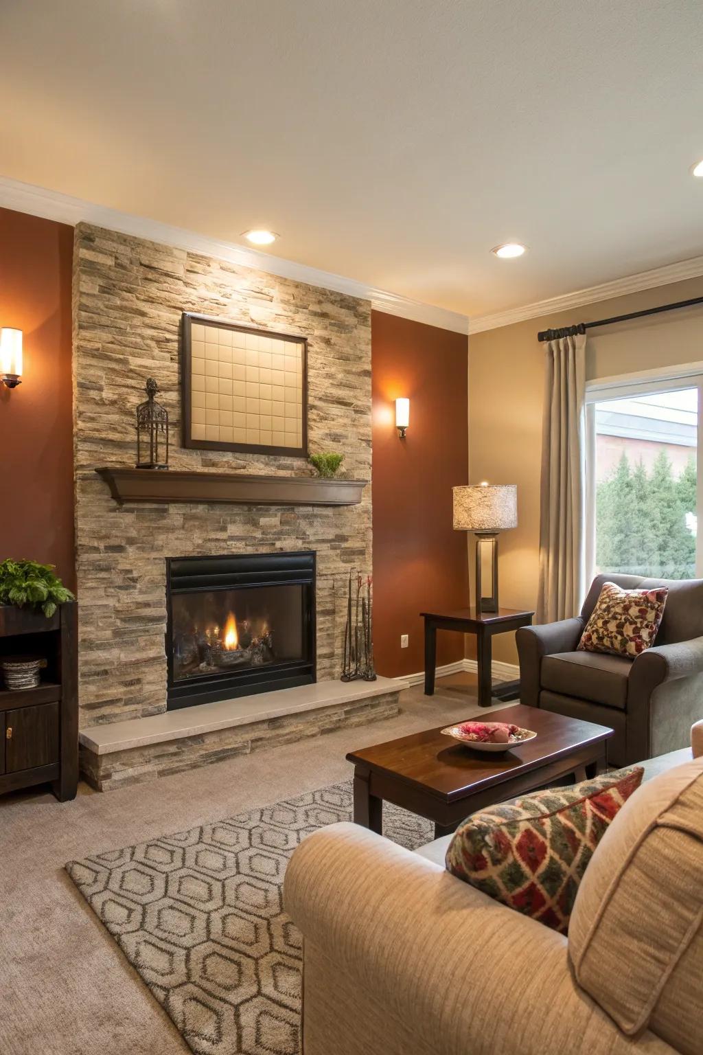 A highlighted wall acts as a focal point in the living space.
