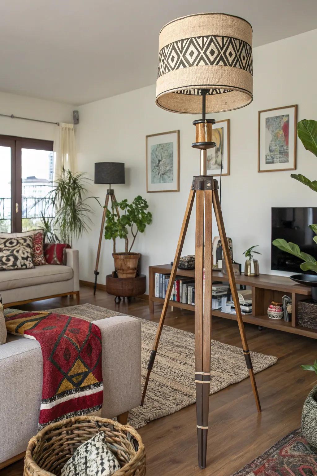 A diverse living room with a floor lamp made from different materials.