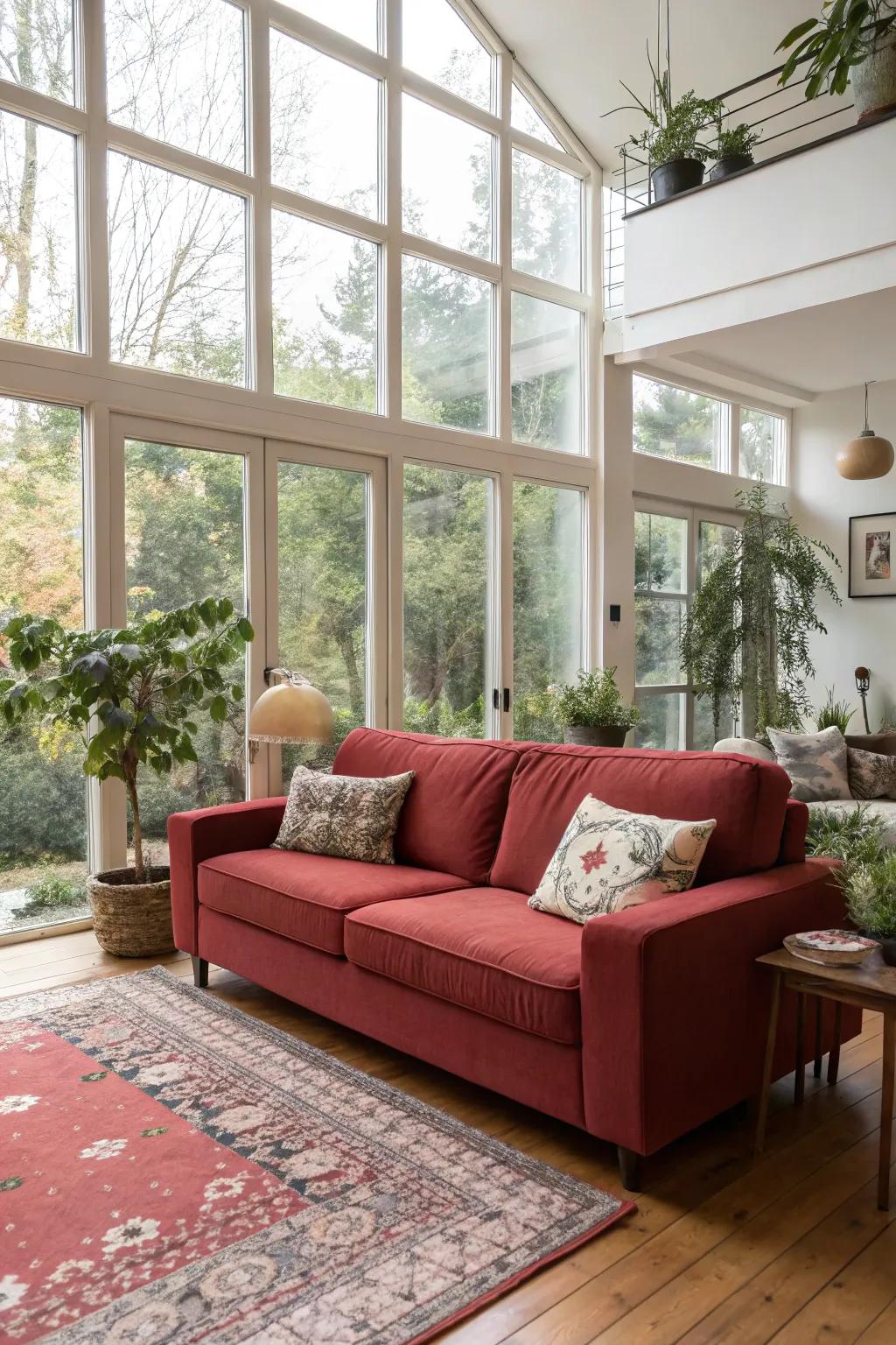 An open and welcoming space is created as natural light enhances the vibrant appeal of a scarlet sofa.
