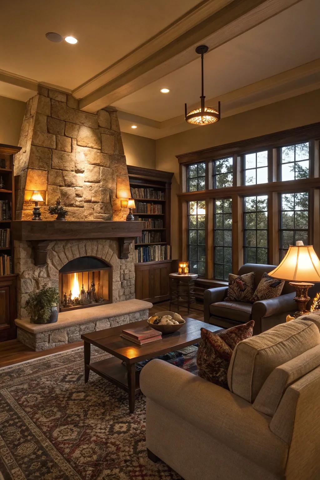 A toasty and welcoming living room focused around a gorgeous hearth.