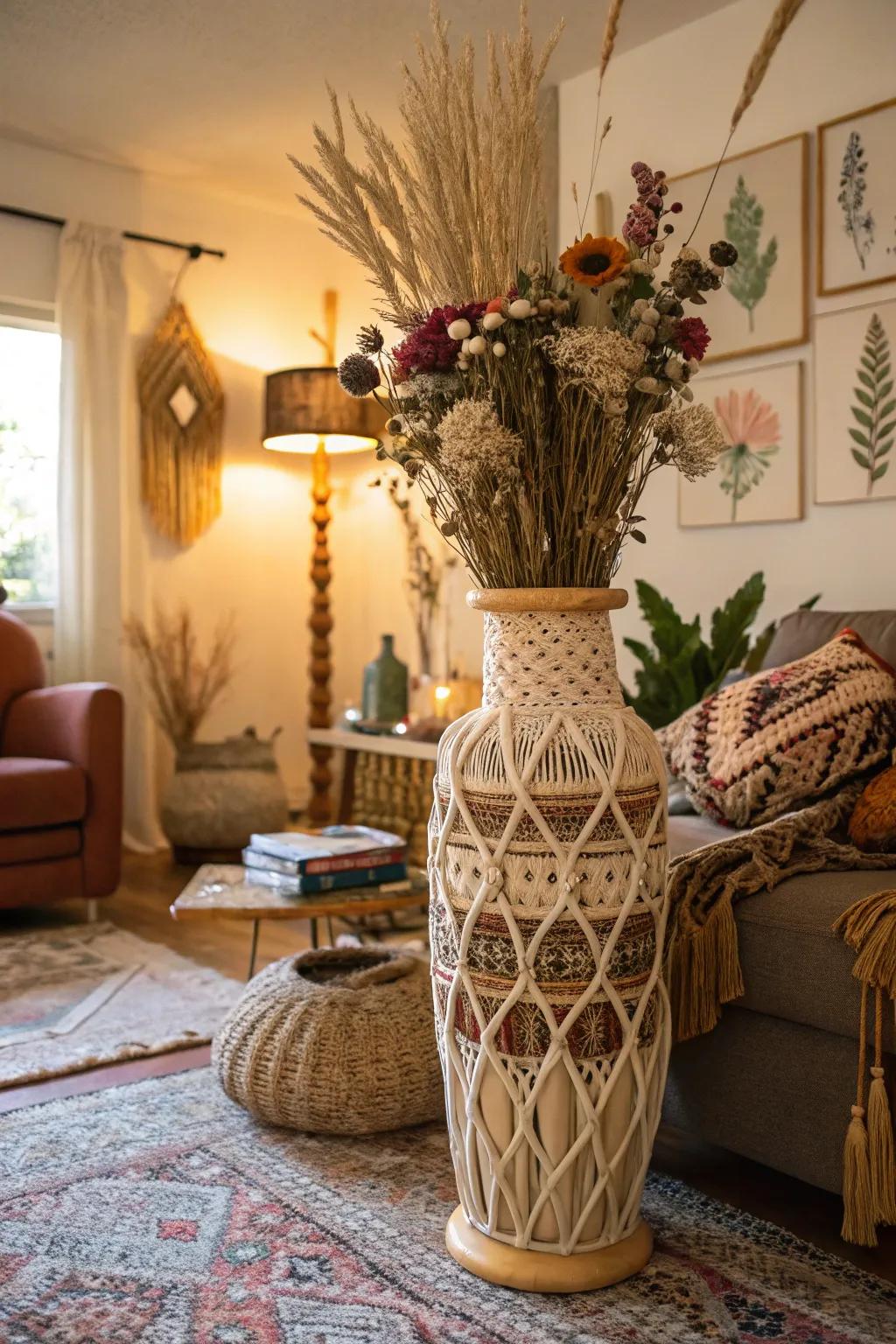 Woven knotwork brings a bohemian style, turning an ordinary vase into an eye-catching decor element.