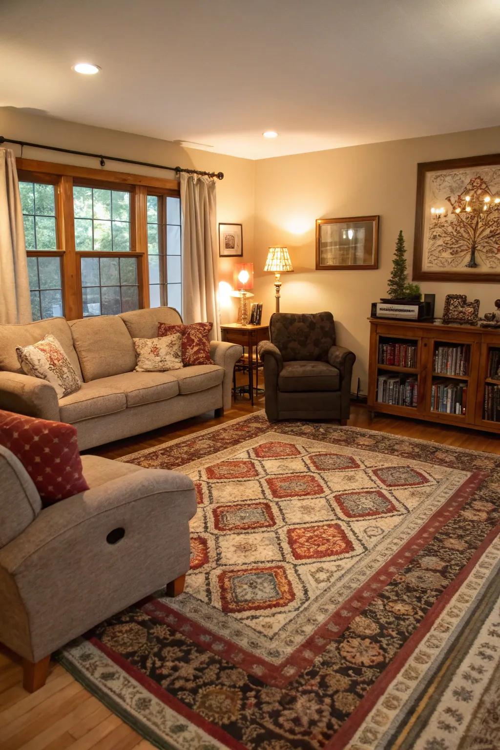 A lounge with clearly defined areas featuring stylish rugs.