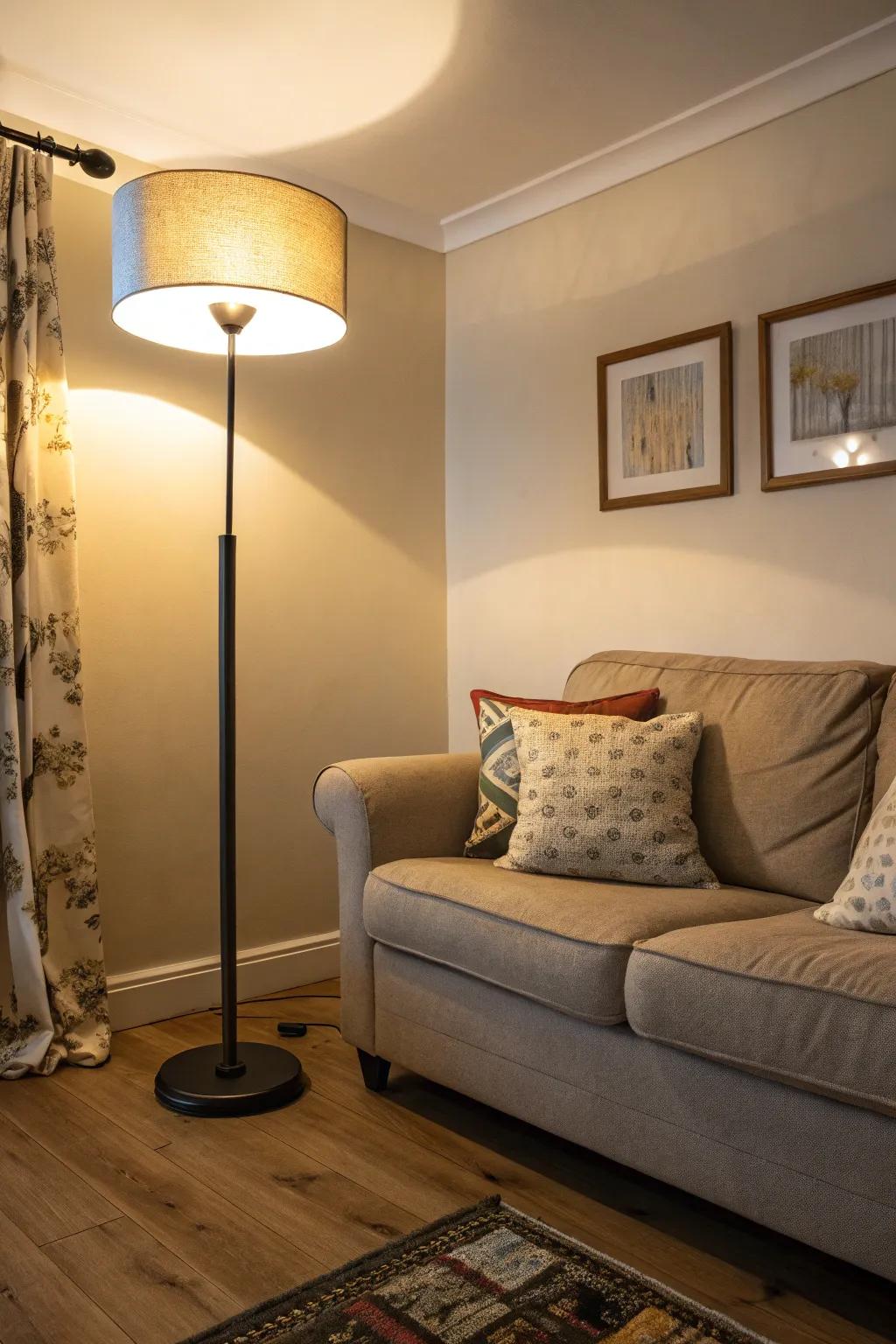 Slender floor lamps provide light without cluttering the floor area.