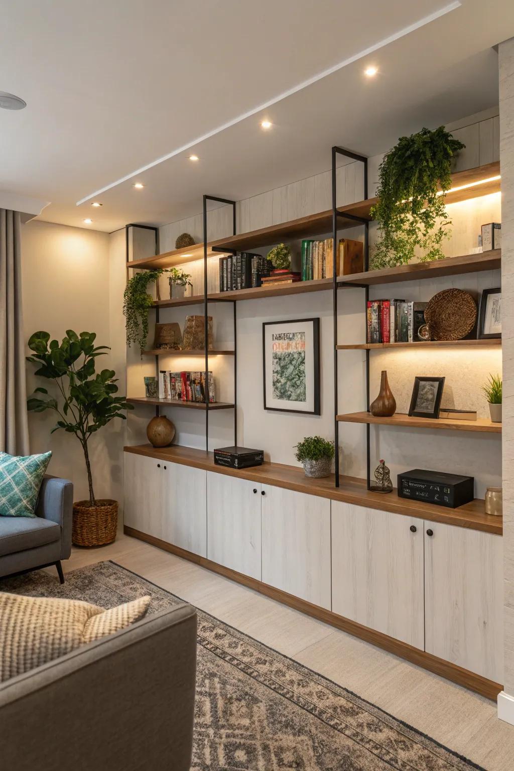 Harmonize form and function with integrated shelving in your wall panels.