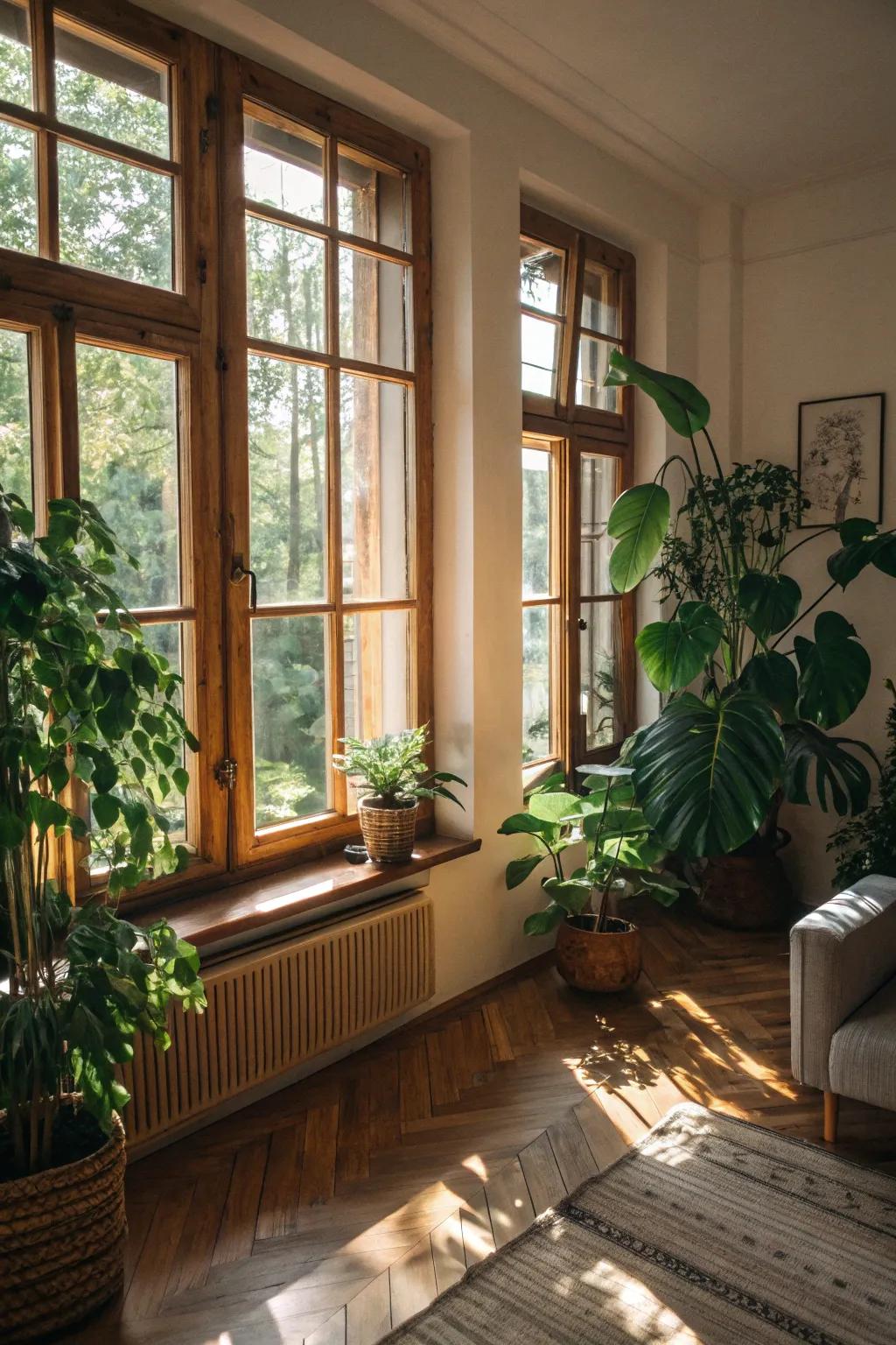 Organic materials like wood and foliage crafting a tranquil setting.