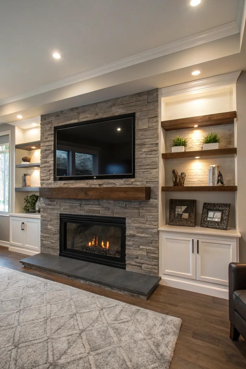 A living room showcasing a TV mounted above a sleek, modern fireplace.