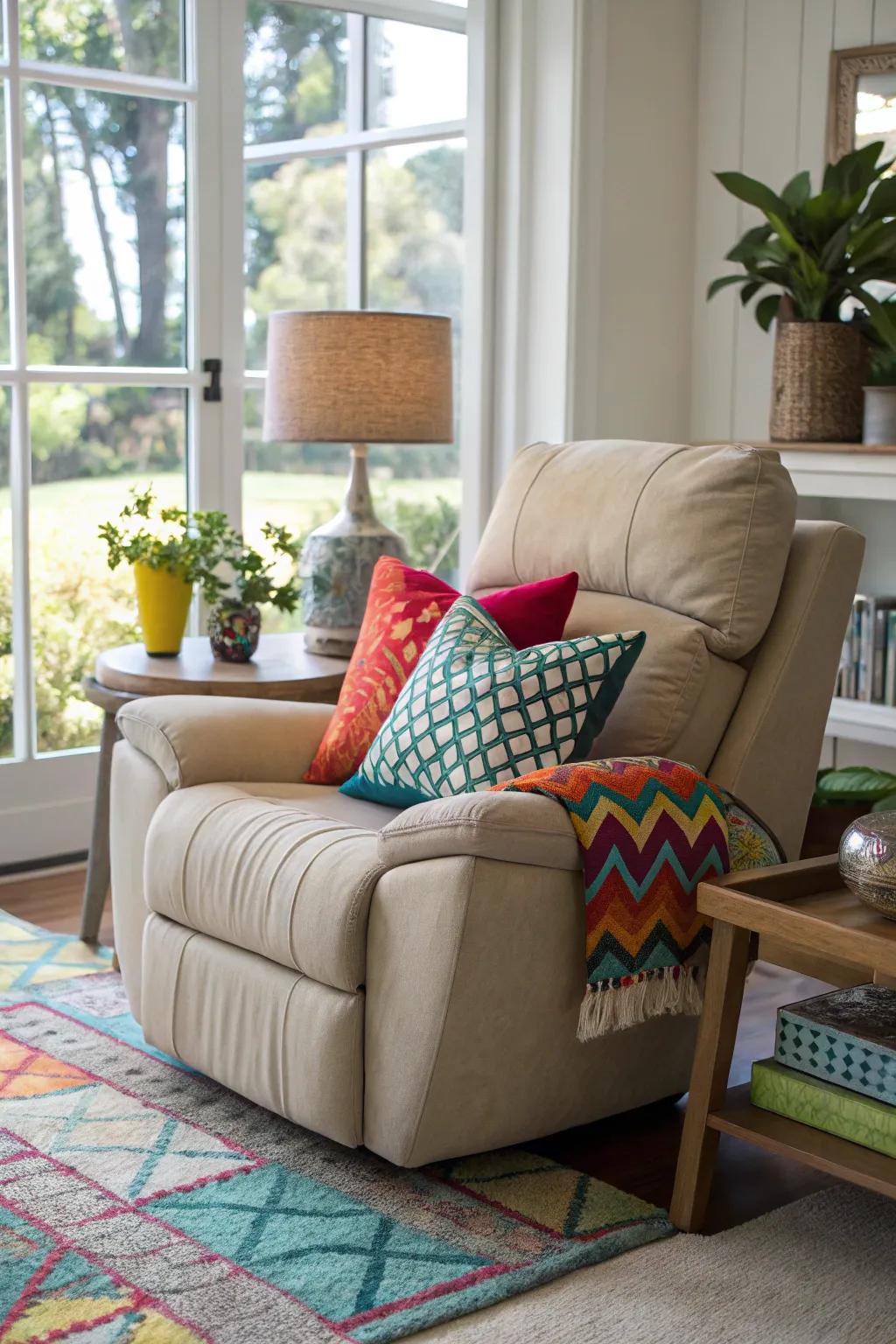 A vibrant recliner setup featuring decorative throw pillows.