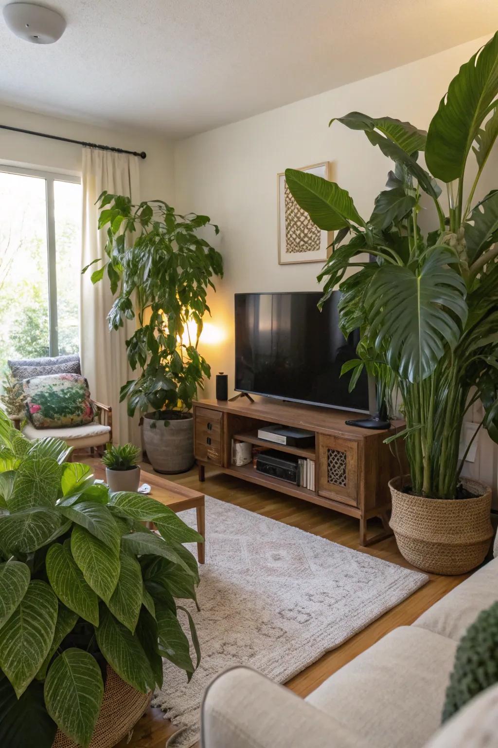 Greenery introduces a lively and fresh element to the TV space.
