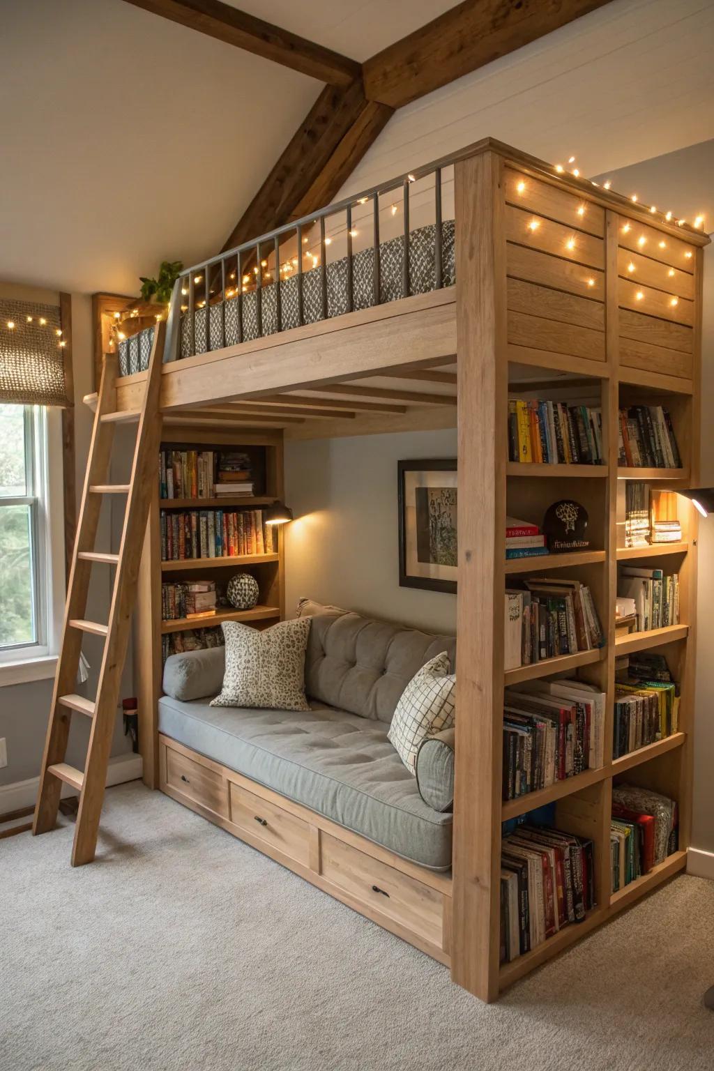 A raised sleeping platform with a reading nook is perfect for book lovers seeking a cozy escape.