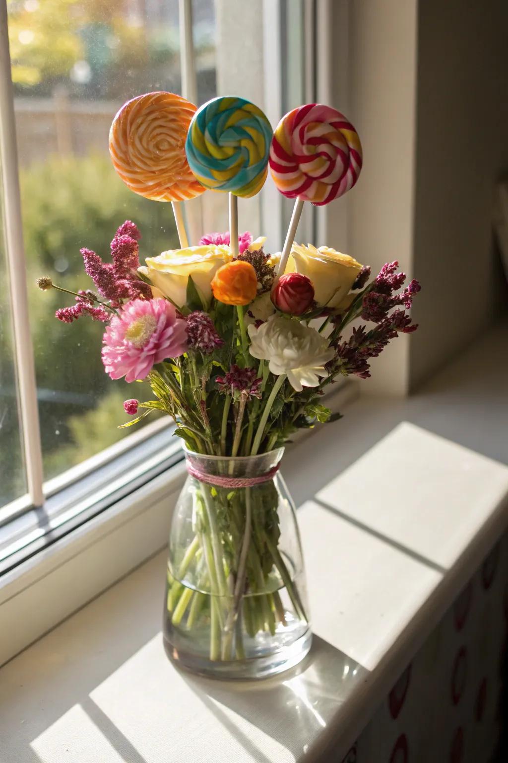 Fresh flowers and candies combine for a nature-inspired display.