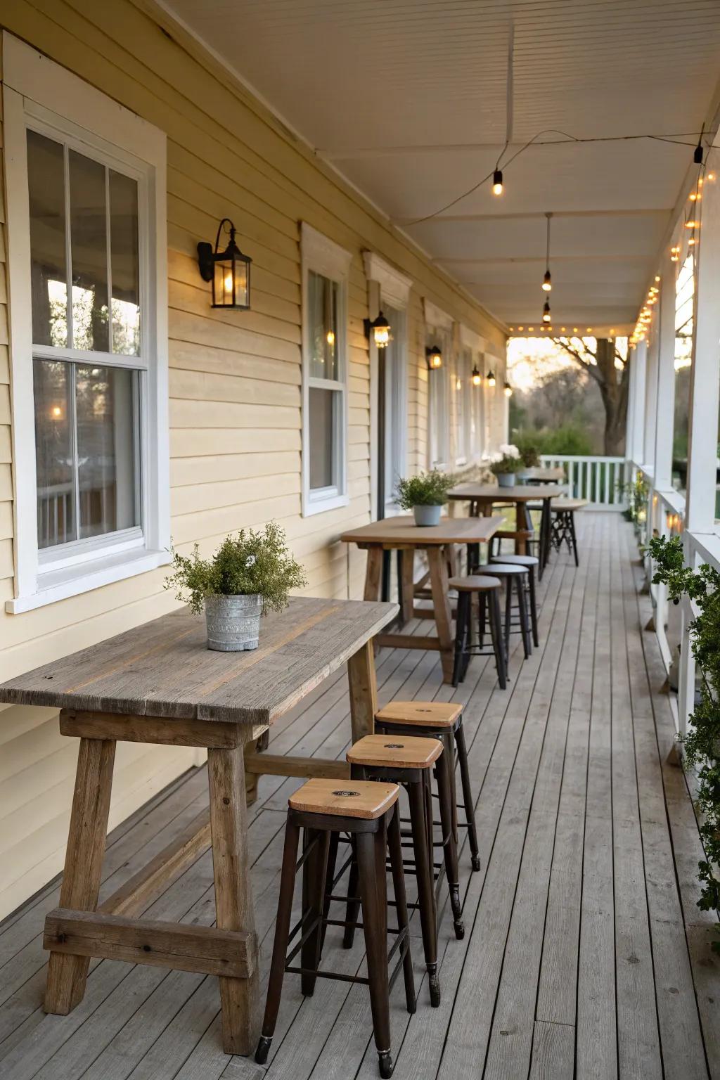 Functional decor like tables and stools enhance the usability of a long porch.