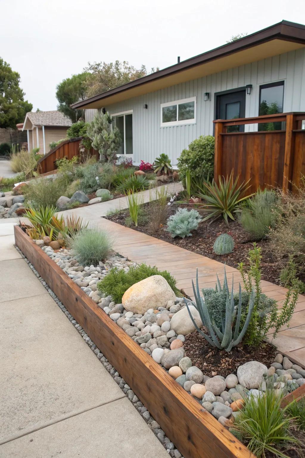 Defined borders in a xeriscape yard create a polished and organized appearance.