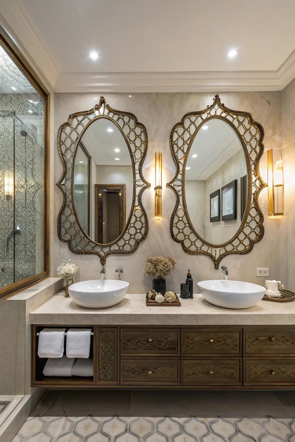 Distinctive mirrors serve as art pieces and focal points.
