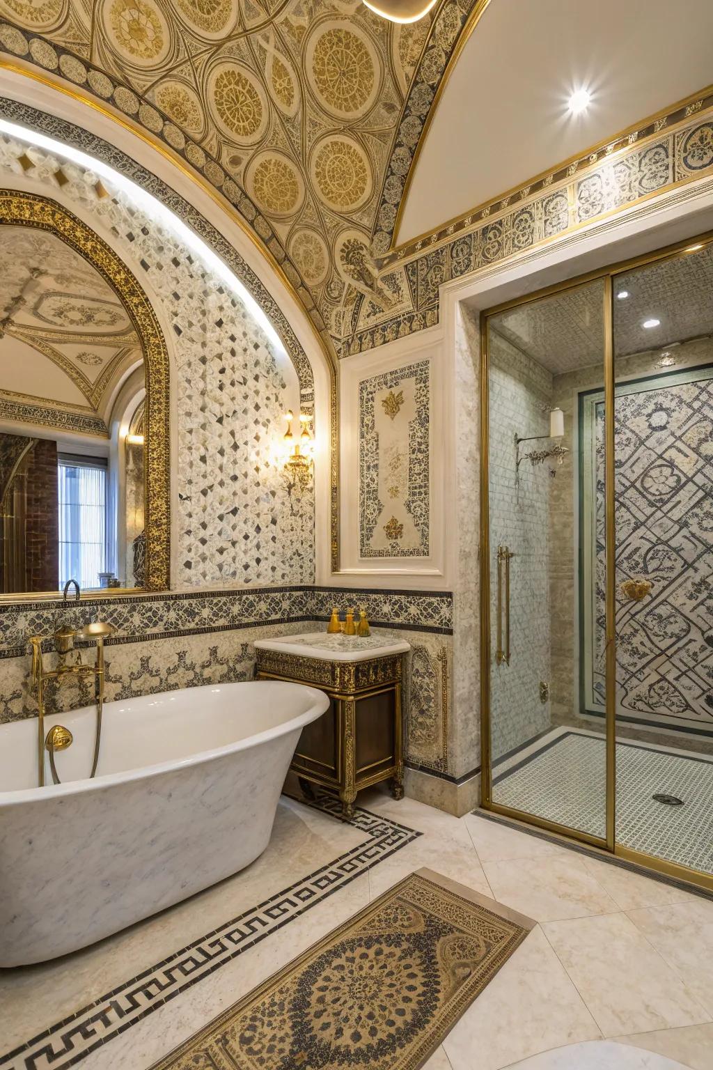 Fancy tiled patterns injecting character into a modern bathroom.