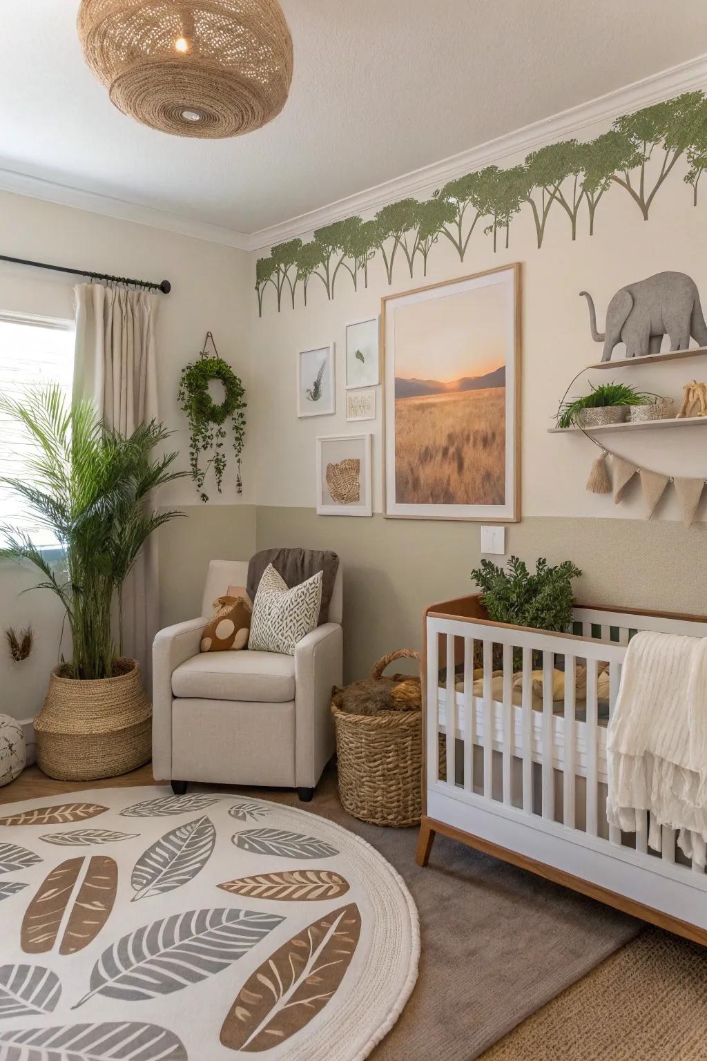 A thematic nursery featuring subtle safari elements for a stylish touch.