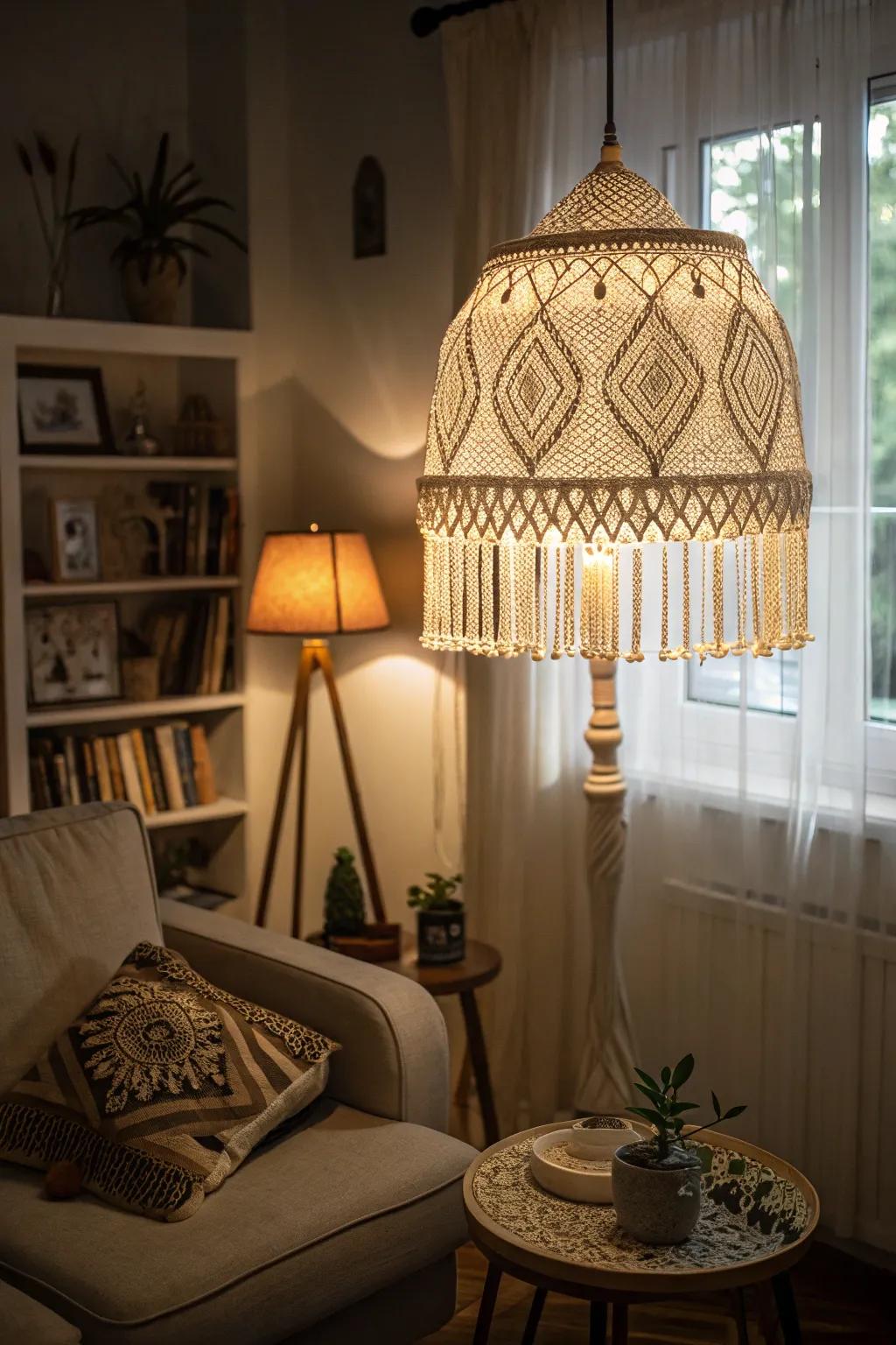 Macrame light coverings introducing warmth and atmosphere.