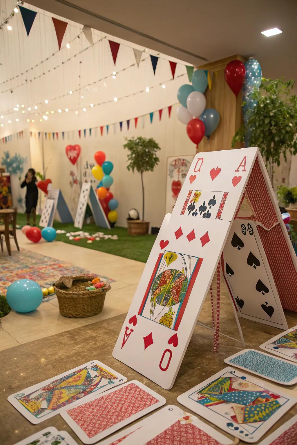 Oversized playing cards add a whimsical touch to the party décor.