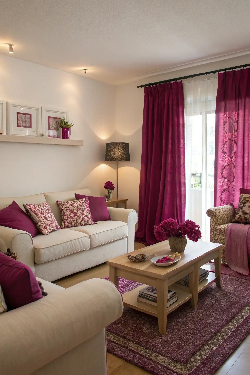 Magenta accents paired with neutrals create a balanced and inviting living space.