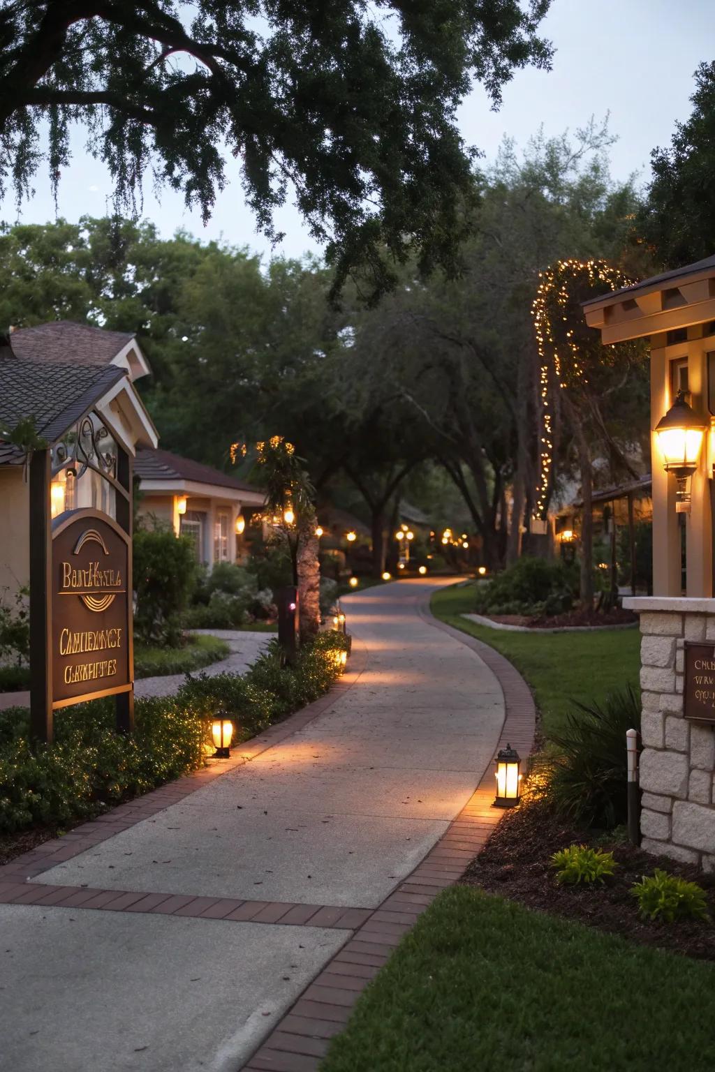 Gentle lighting creating a magical evening entrance.