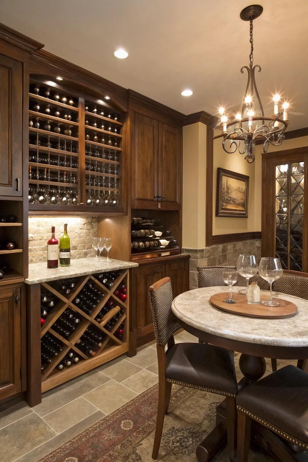 Sophistication meets comfort in a wine cellar corner.