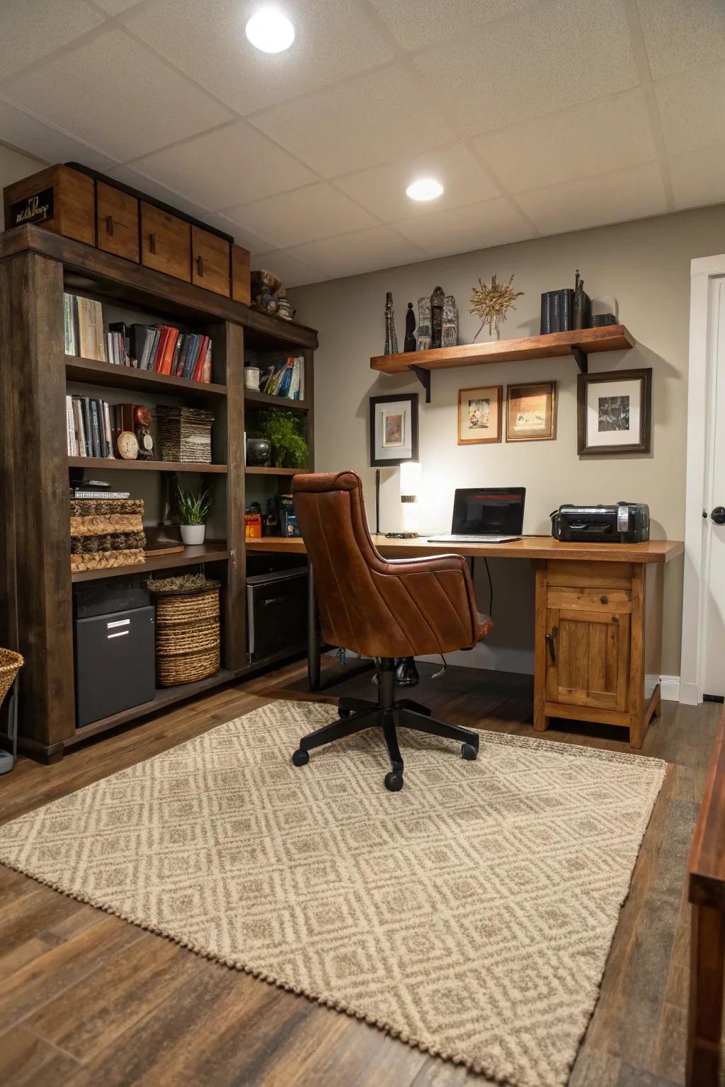 Area rugs add texture and define the workspace.