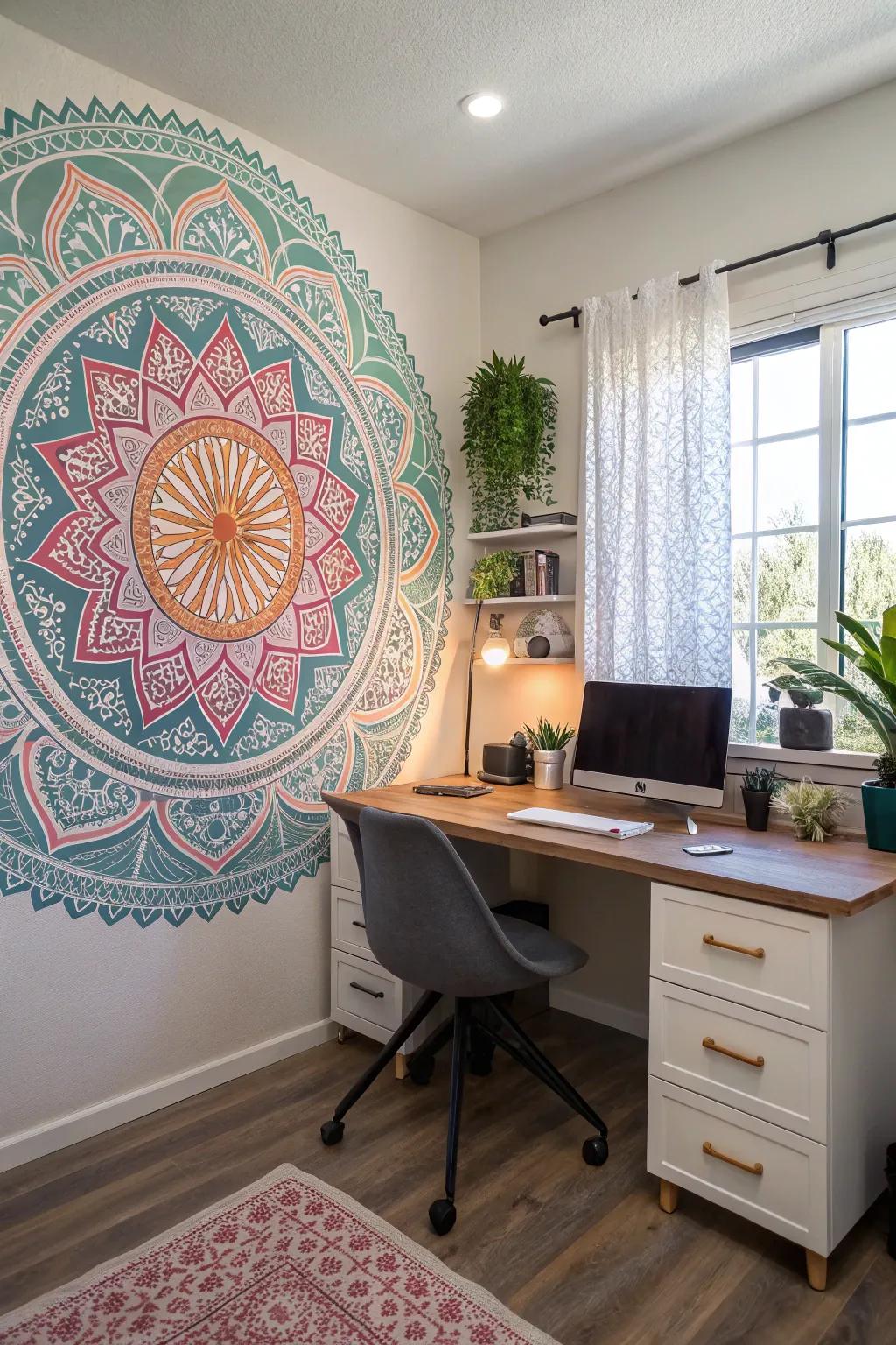 A sacred geometry wall design sparking creativity in a work from home place.