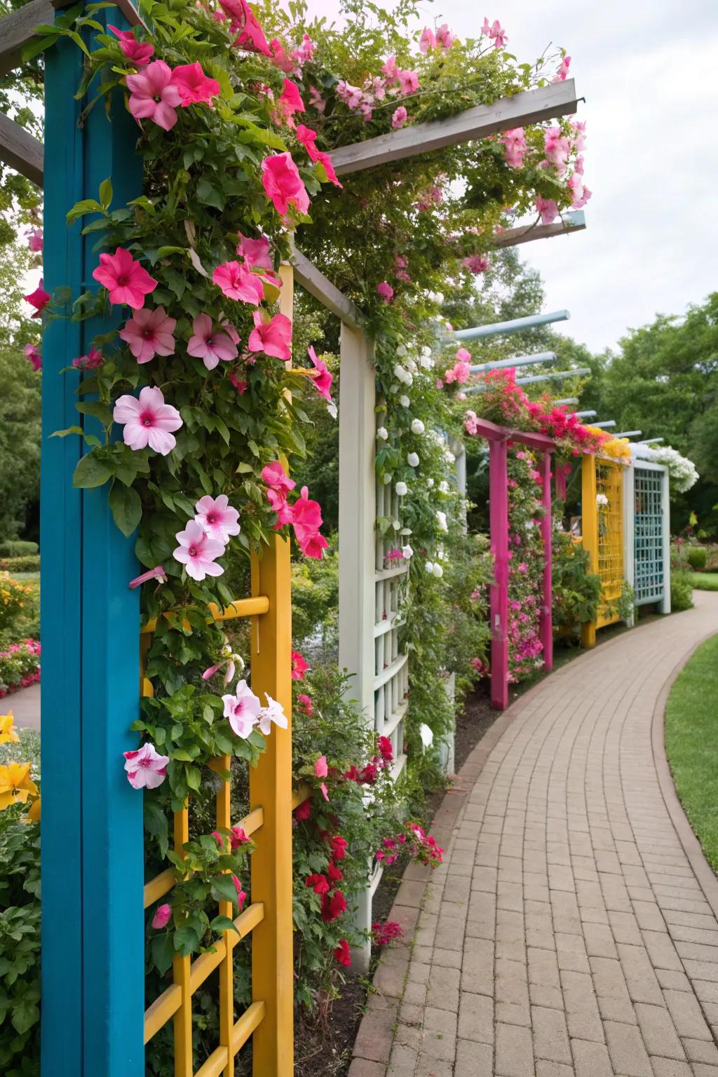 Colorful trellis sections offer an artistic backdrop for mandevilla blossoms.