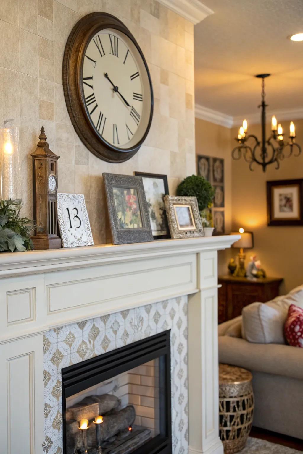 An artistic mantel featuring a clock and framed art.