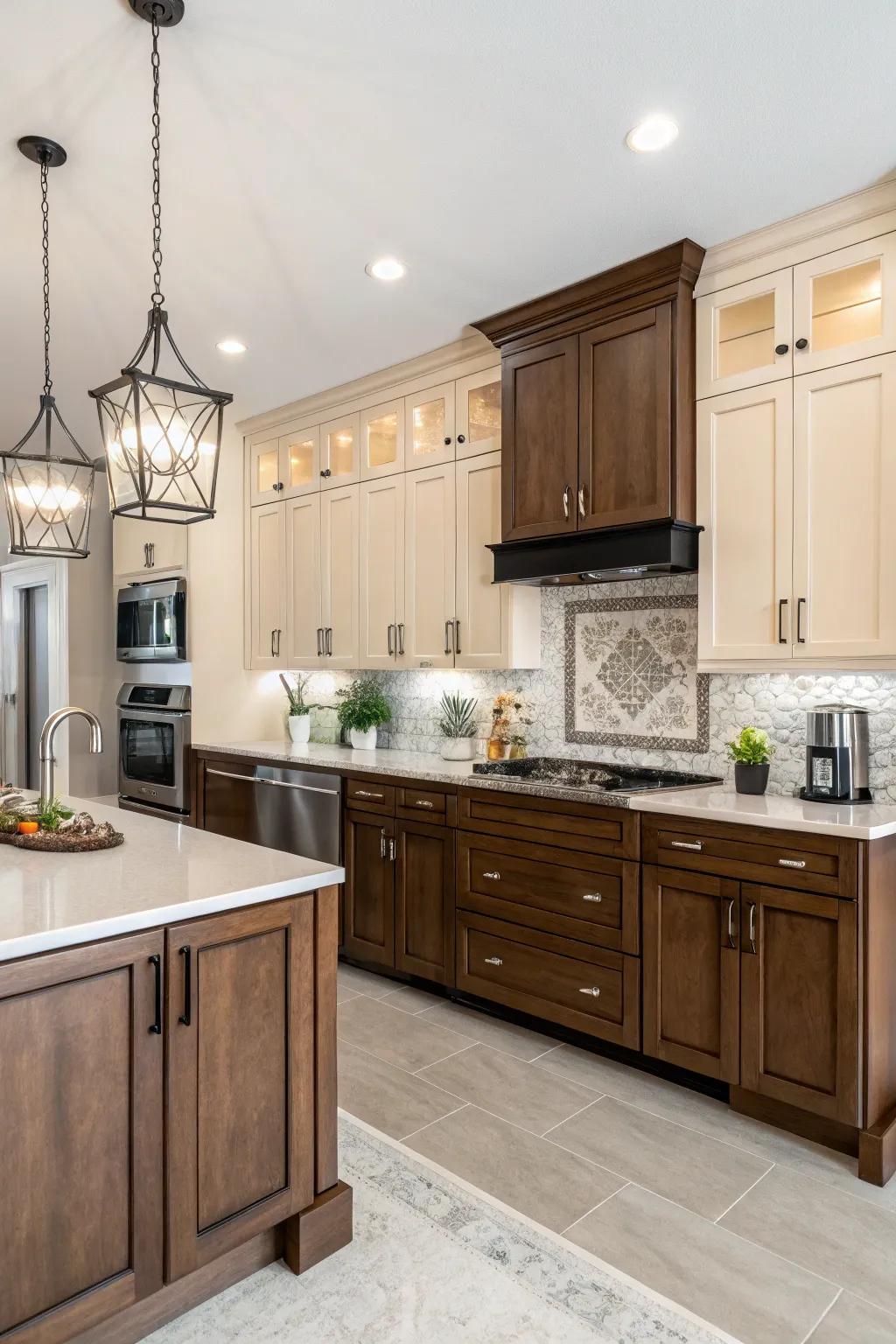 A cooking space displaying dyad tone maple cabinets for a distinct and vibrant visual.