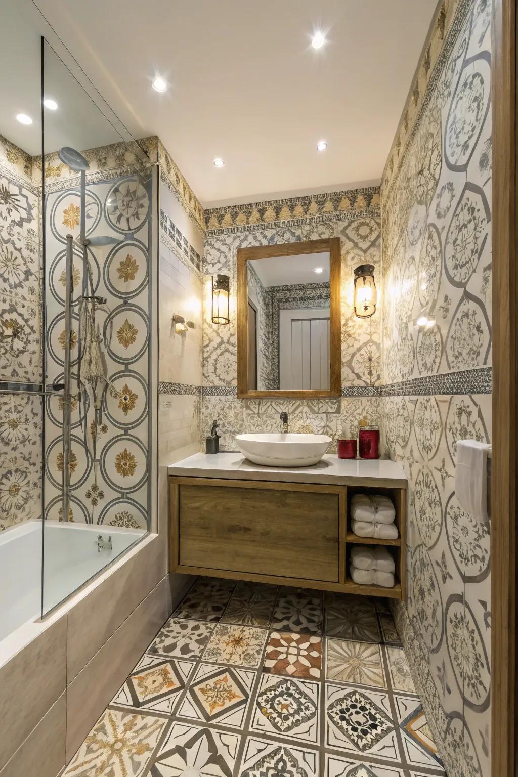 Patterned marble tiles add unique flair and style.