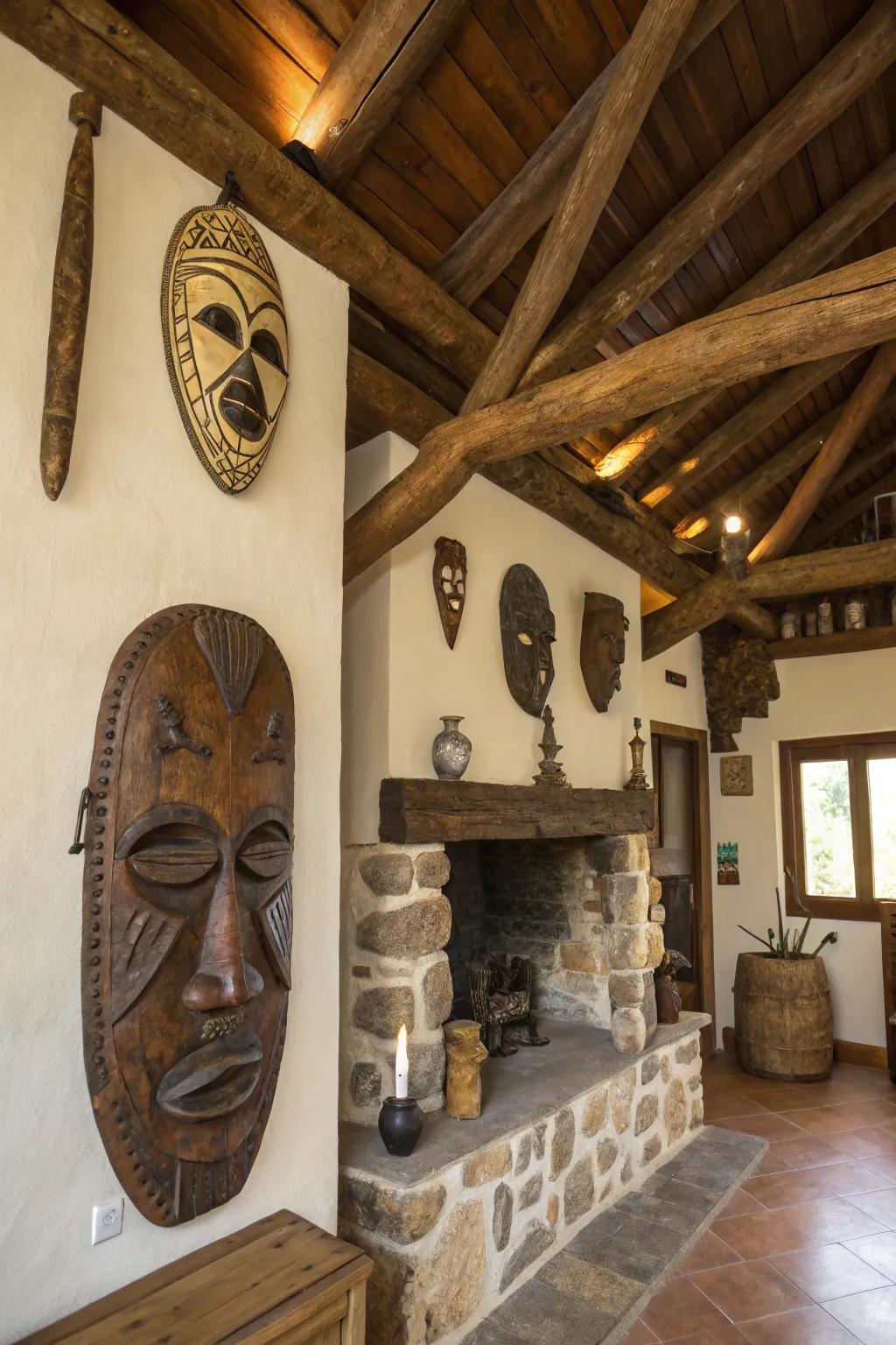 Earthy textures in wall adornments contribute warmth to a rustic setting.