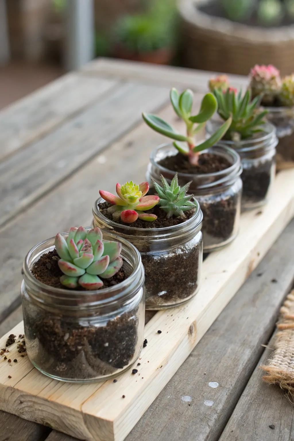 Whimsical mason jar succulent gardens.