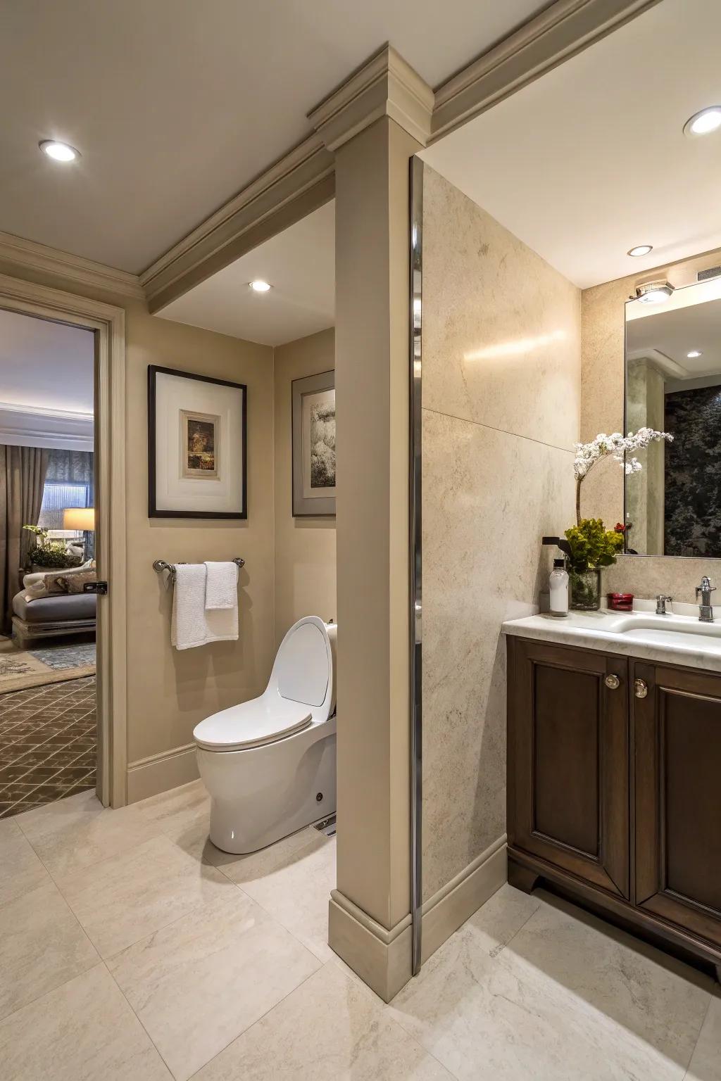 A private toilet nook ensures discretion without sacrificing space in this bathroom layout.