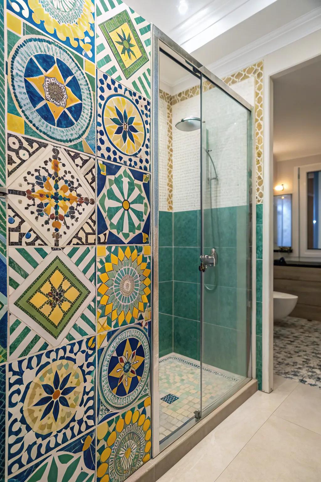 A shower showcasing detailed ornamental pavers, introducing vibrant colors and character.