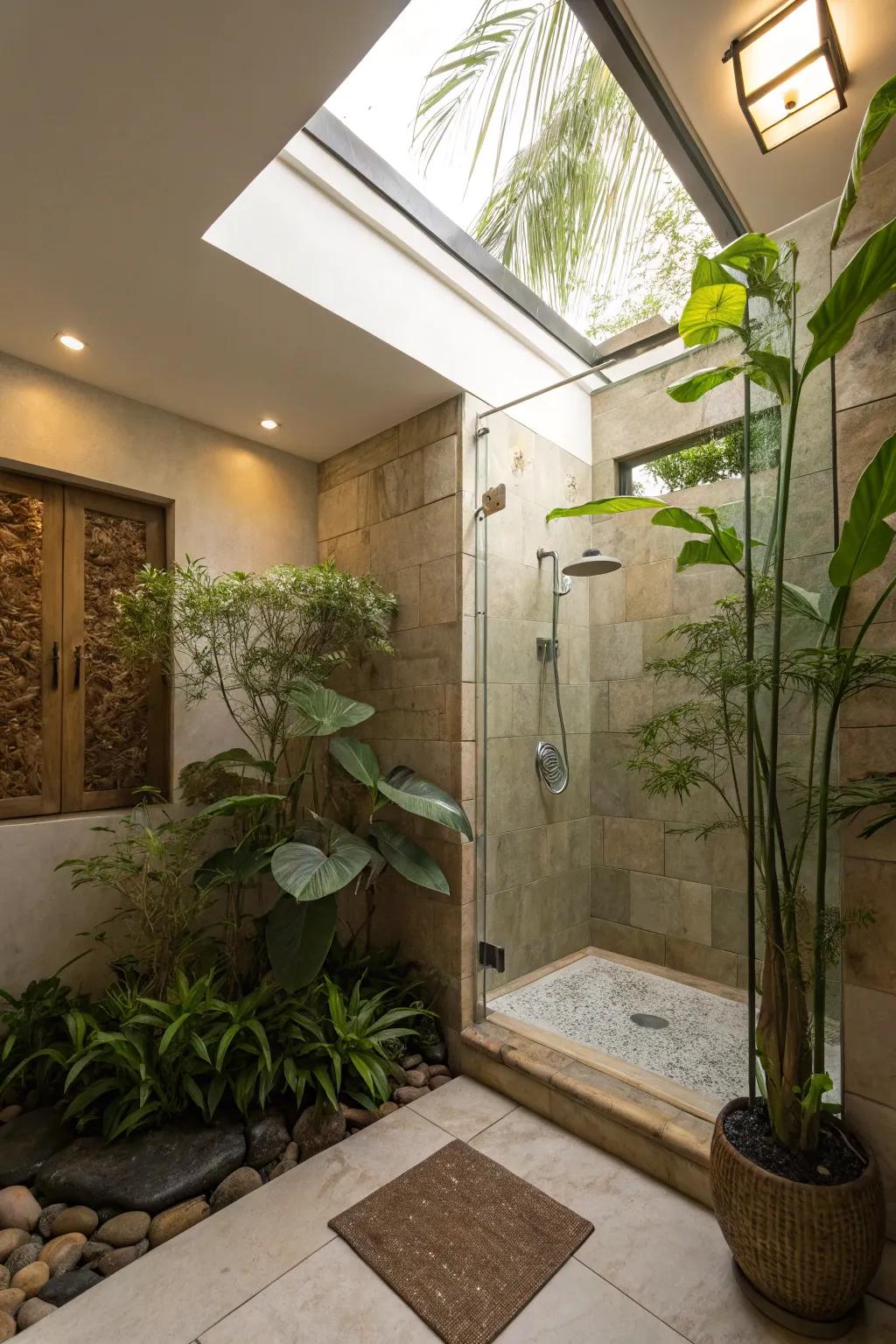 A tranquil walk-in shower featuring organic elements.