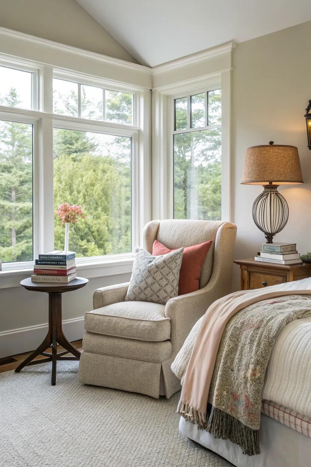 A comfortable nook in the master bedroom for relaxation and reading.