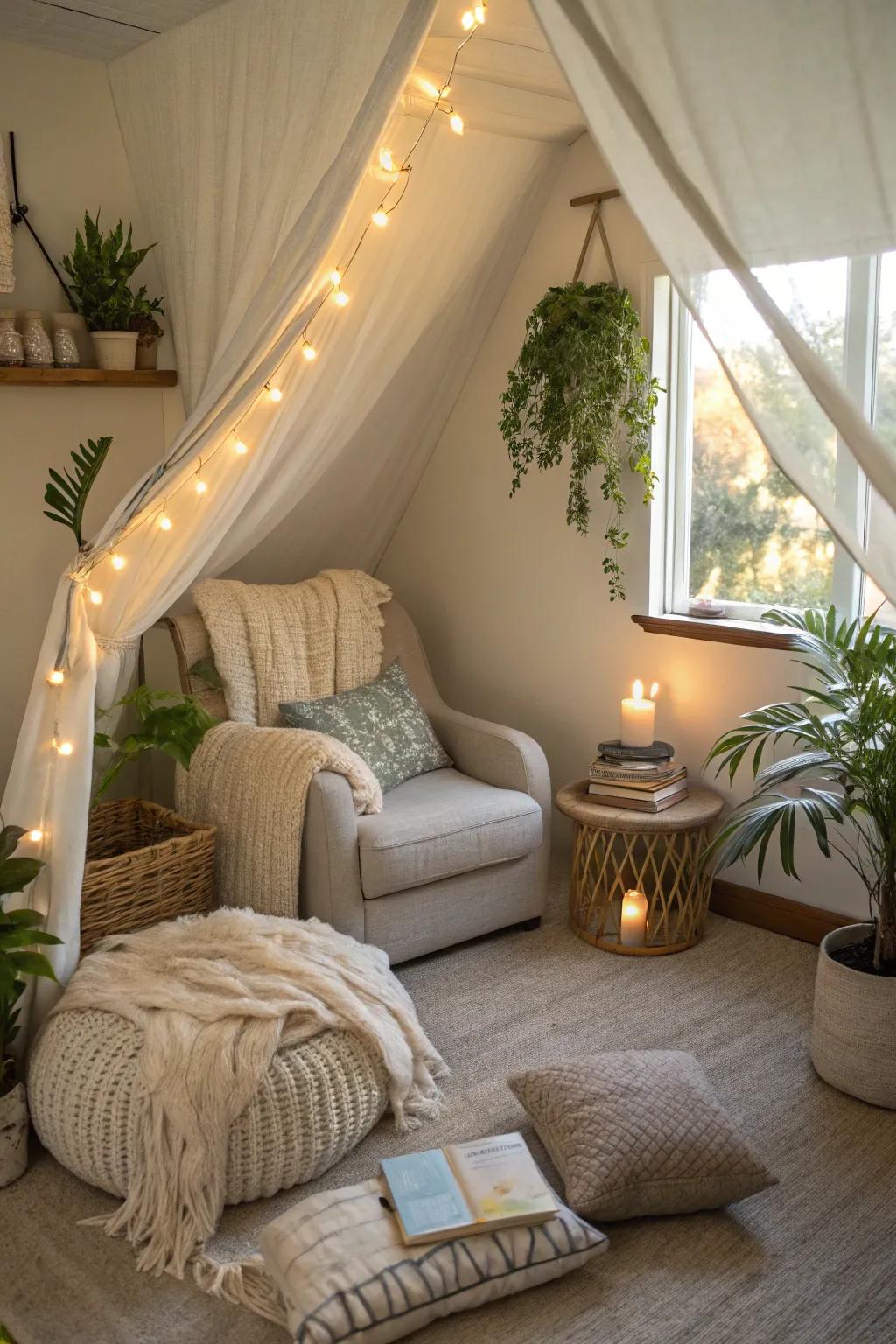 A multipurpose meditation area with a cozy reading spot.