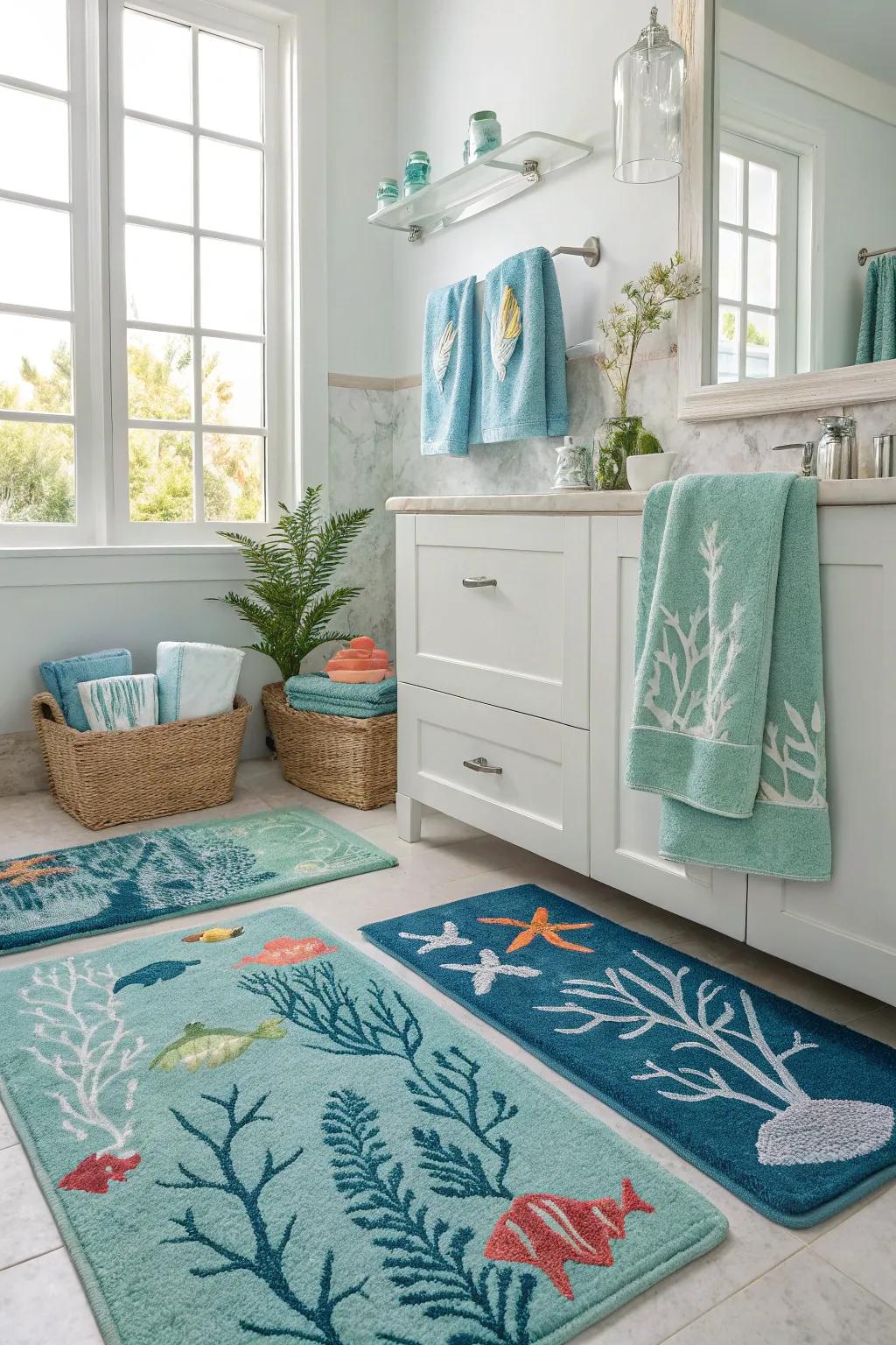 Aquatic materials contribute warmth and style to your mermaid-themed bathroom.