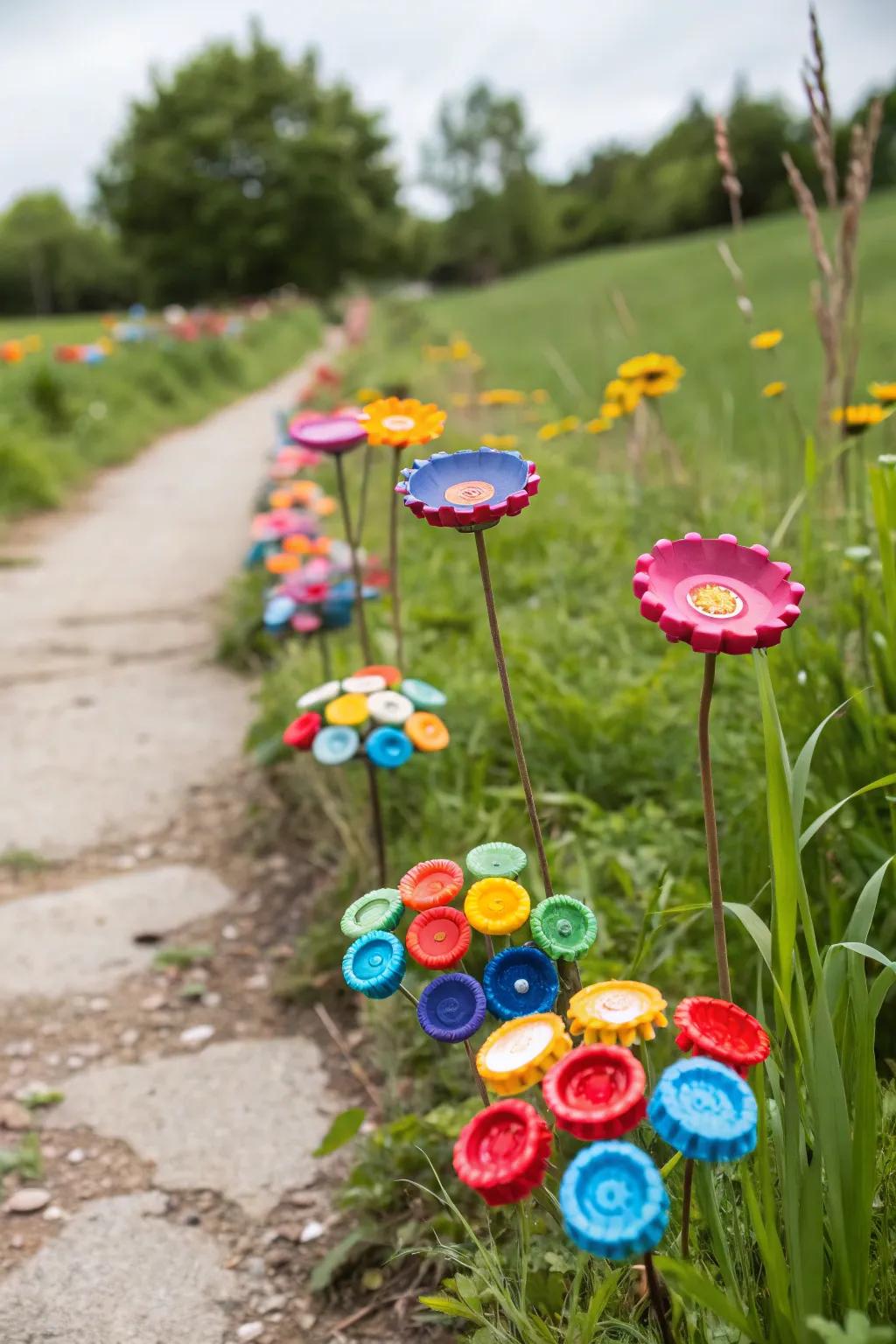 DIY bottle top blossoms add a whimsical touch.