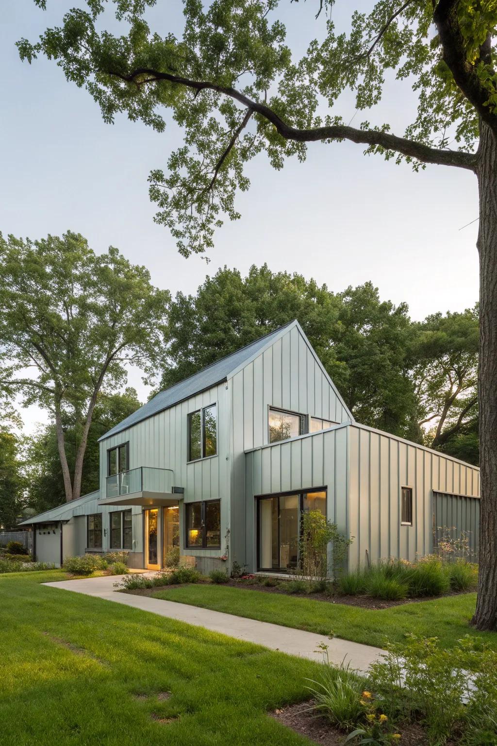 An eco-friendly home decorated with sustainable metal cladding, fitting perfectly into its green environment.