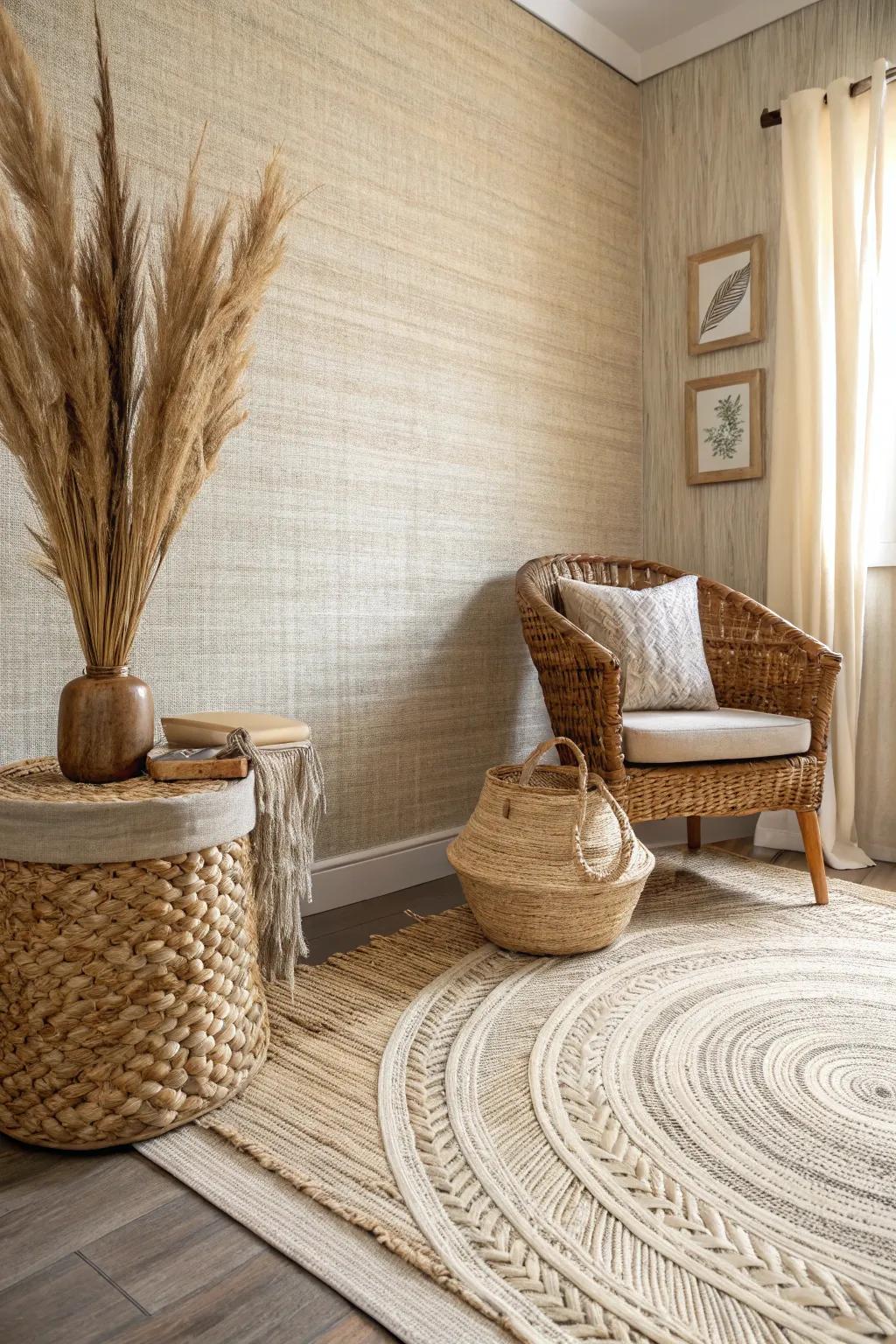 Cozy room with textured grasscloth mid-century wallpaper.