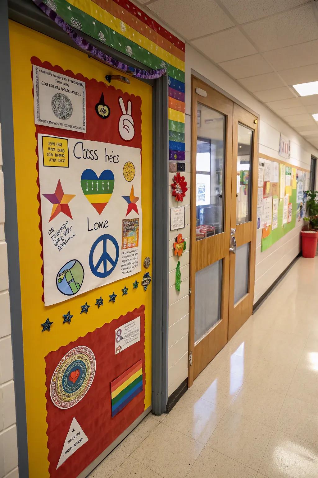 A classroom door personalized with class identity symbols.