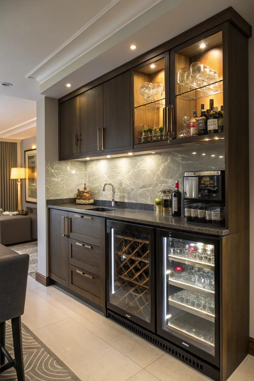 Integrated lighting creates a seamless bar appearance.