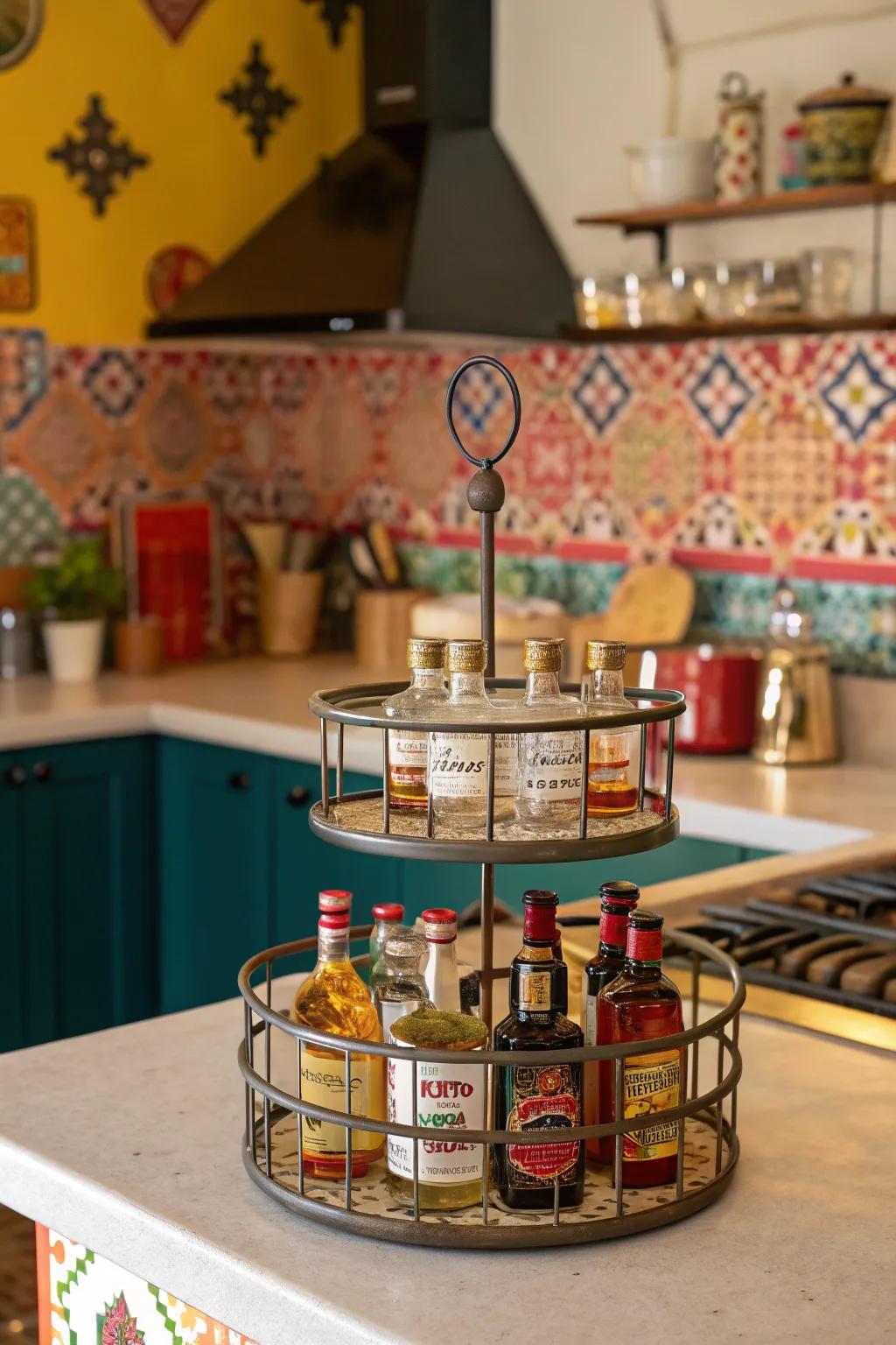 A spinning countertop carousel filled with miniature spirit bottles.